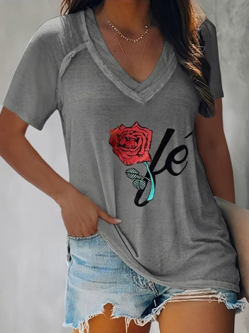 Loose Short Sleeve Rose Print T-Shirts