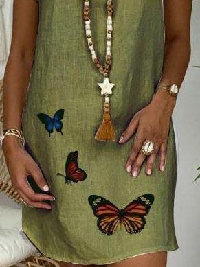 Loose Short Sleeve V-neck Butterfly Print Dress