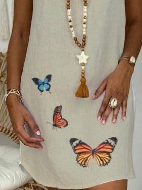 Loose Short Sleeve V-neck Butterfly Print Dress