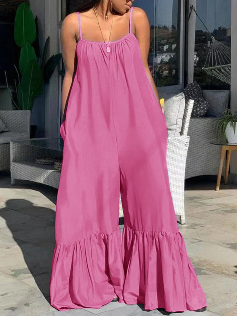 Loose Sleeveless Solid Flared Jumpsuit