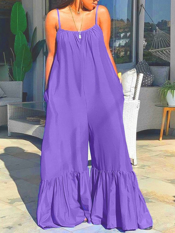 Loose Sleeveless Solid Flared Jumpsuit