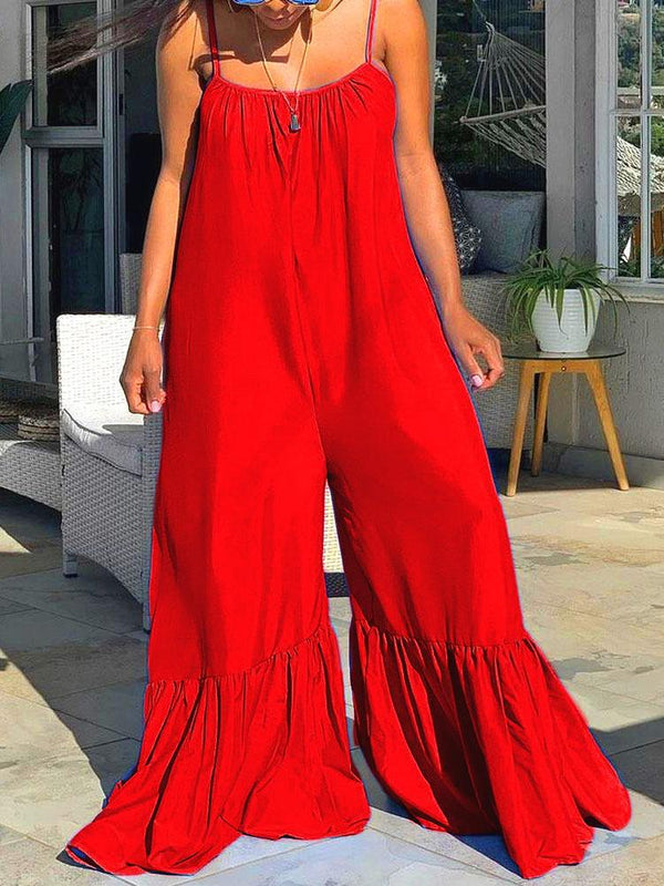 Loose Sleeveless Solid Flared Jumpsuit