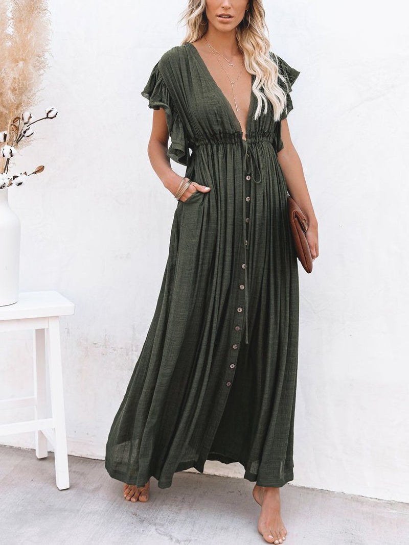 Loose Solid Color Flared Sleeve Shirt Dress
