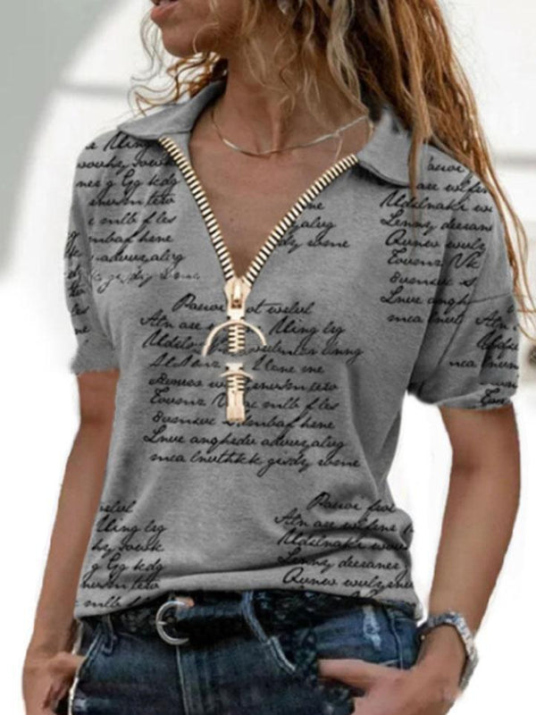 Loose V-neck Letter Print Zip Short Sleeve T-shirt