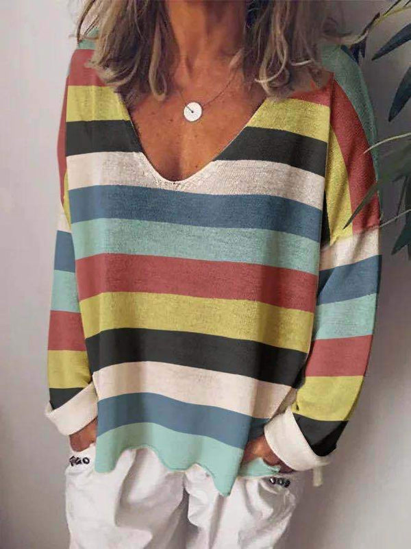 Loose V-Neck Rainbow Striped Long Sleeve T-Shirt