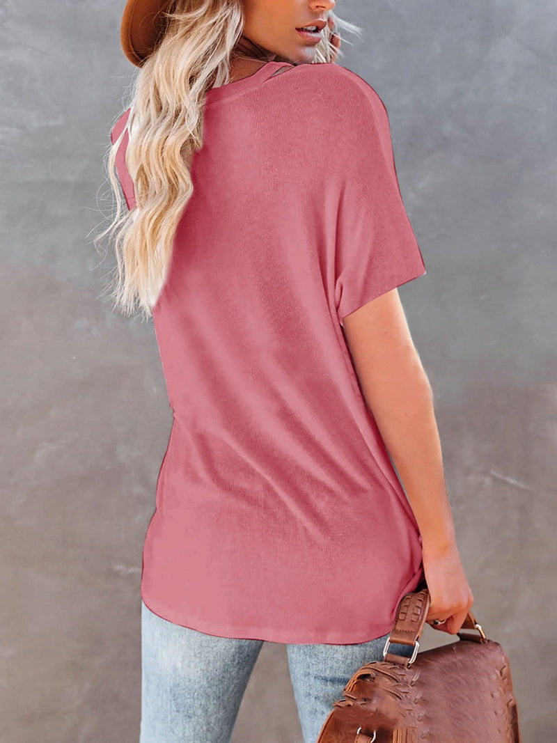 Loose V-neck Solid Short-sleeved T-shirt