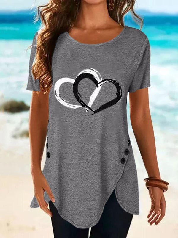 Love Print Button Short Sleeve T-shirt