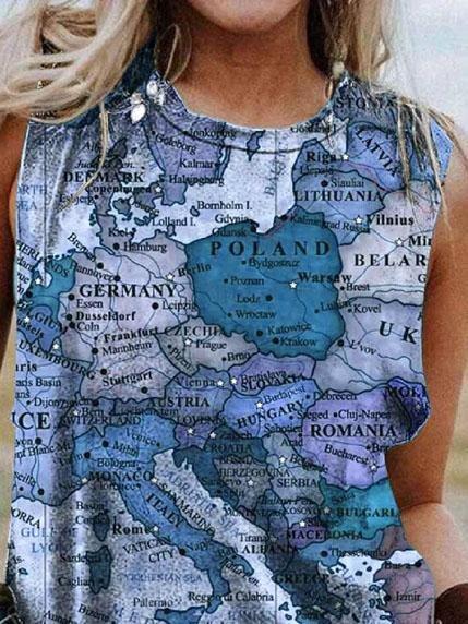 Map Printing Crew Neck Casual Tank Tops