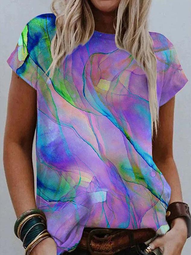 Multicolor Printed Round Neck Short Sleeve T-Shirt