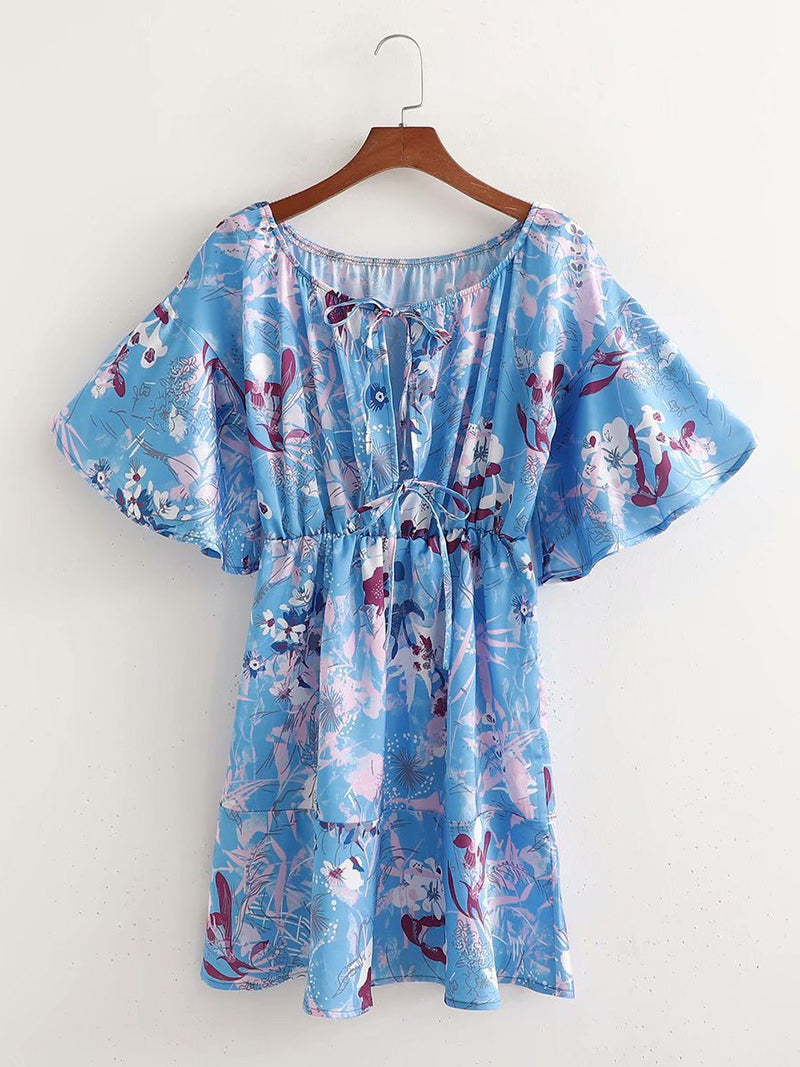 Off-shoulder Lace-up Flared Sleeve Print Casual Mini Dress