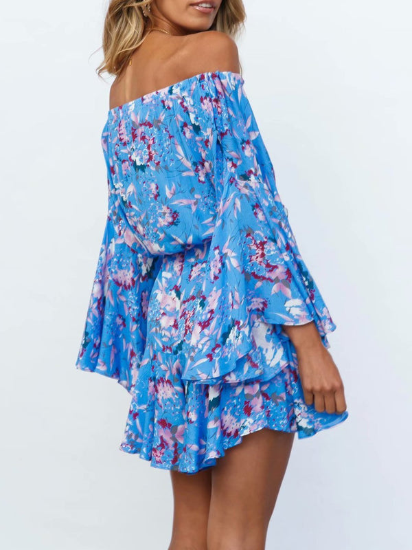 Off-shoulder Lace-up Flared Sleeve Print Casual Mini Dress