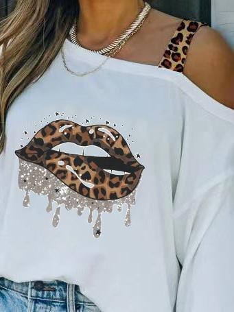 Off Shoulder Leopard Lips Print Long Sleeve Loose T-shirt