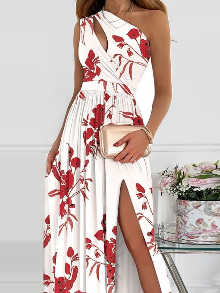 One-Shoulder Hollow High Slit Print Maxi Dress