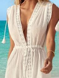 Patchwork Lace Deep V-neck White Long Dress