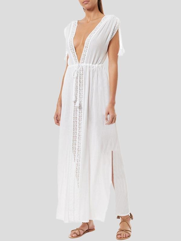 Patchwork Lace Deep V-neck White Long Dress