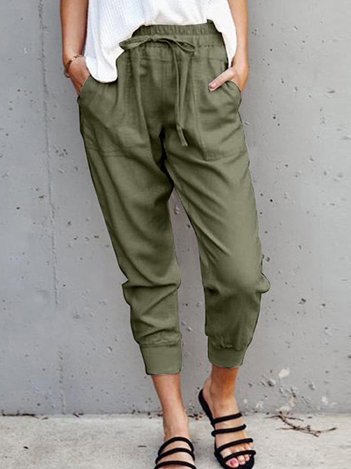 Plain Solid Lace-up Casual Pants