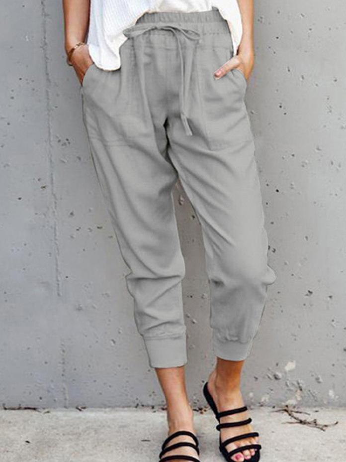 Plain Solid Lace-up Casual Pants