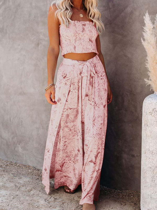 Pleated Printed Tube Top & Pants Skirt Two-piece Outfit