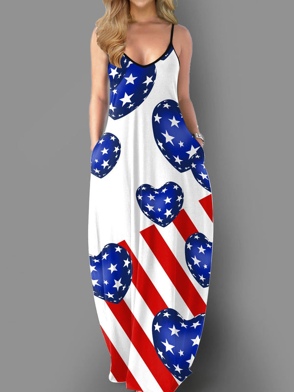 Pocket Loose Star Stripe Print Maxi Dress