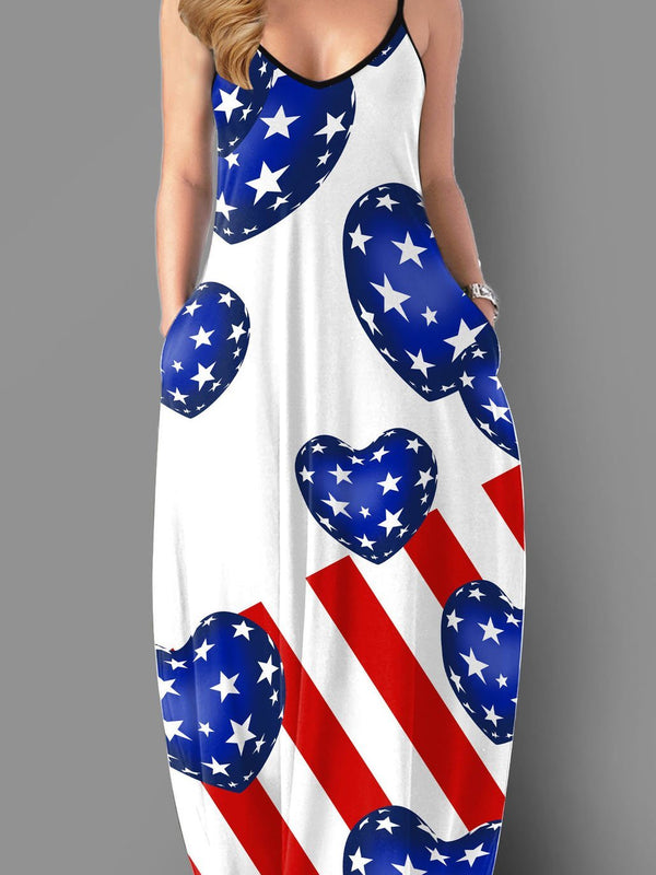 Pocket Loose Star Stripe Print Maxi Dress