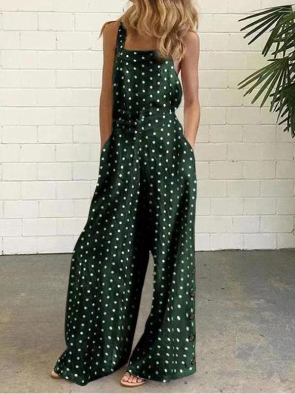 Polka Dot Printed Buttons Sleeveless Loose Suspenders Jumpsuit