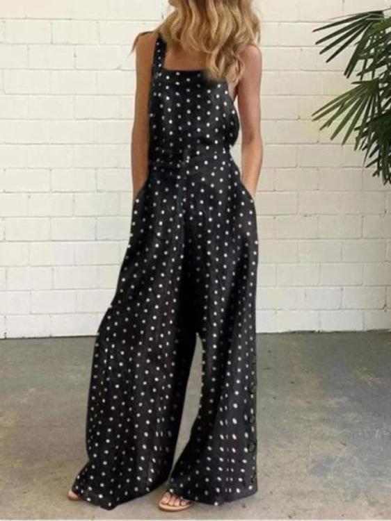 Polka Dot Printed Buttons Sleeveless Loose Suspenders Jumpsuit