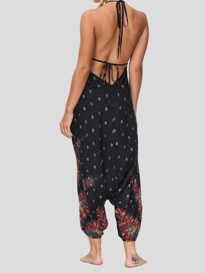 Print V Neck Lace-up Halter Sports Yoga Jumpsuit