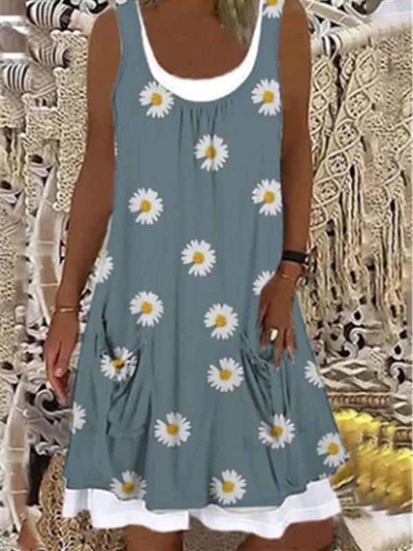 Printed Sleeveless Round Neck A-line Dress