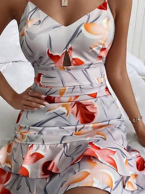 Printed V-Neck Sleeveless Mini Dress