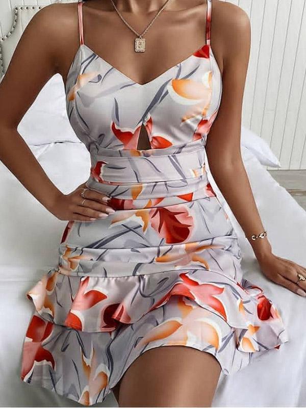 Printed V-Neck Sleeveless Mini Dress