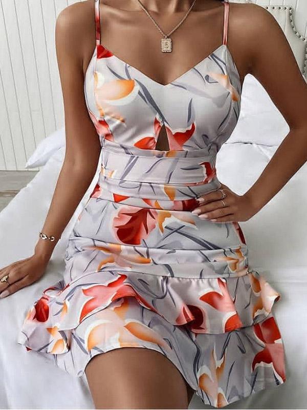 Printed V-Neck Sleeveless Mini Dress