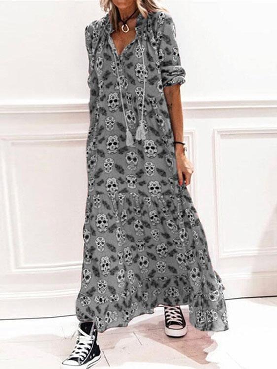 Printed V-Neck Tie Casual Five-Point Sleeve Dress