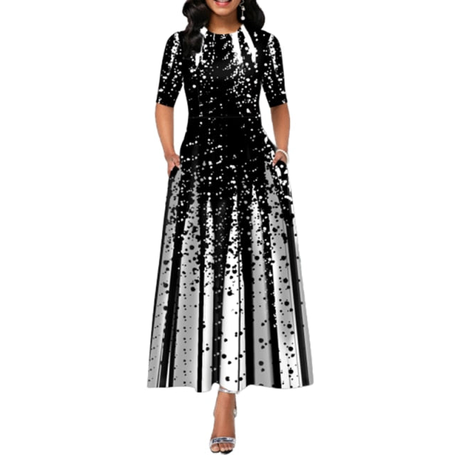 Short Sleeve Round Neck Elegant Digital Print Maxi Dress