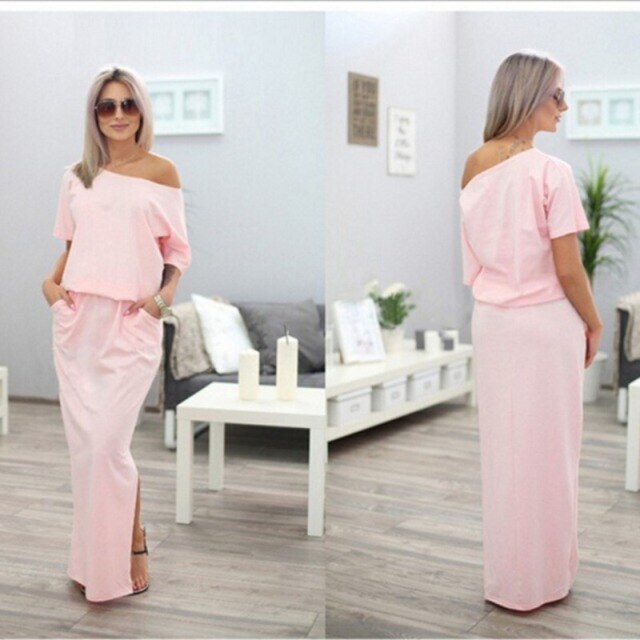 Casual Loose Off Shoulder Short Sleeve Maxi Dress