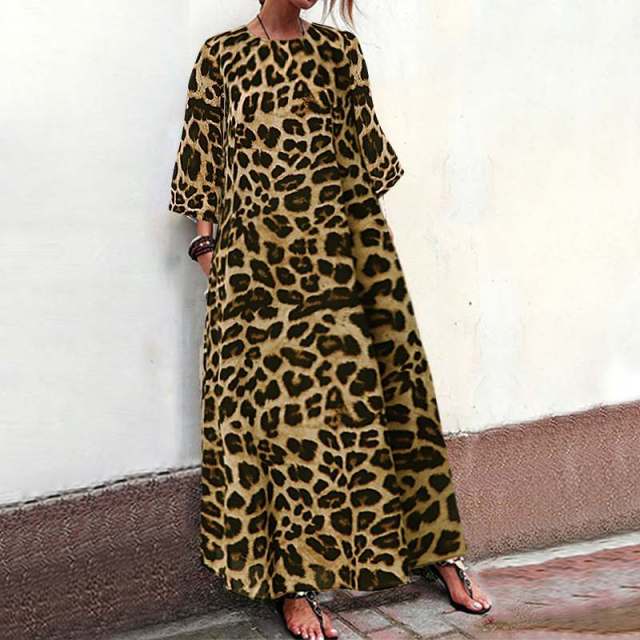 Casual Leopard Kaftan Maxi Long Dress