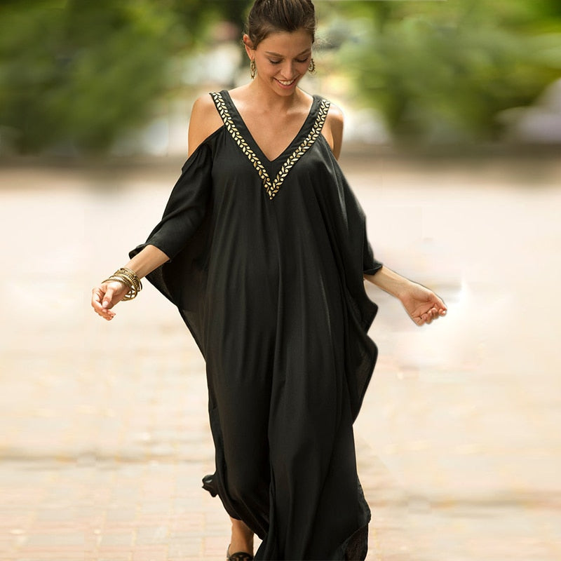 Deep V Neck Batwing Sleeve Loose Summer Beach Dress