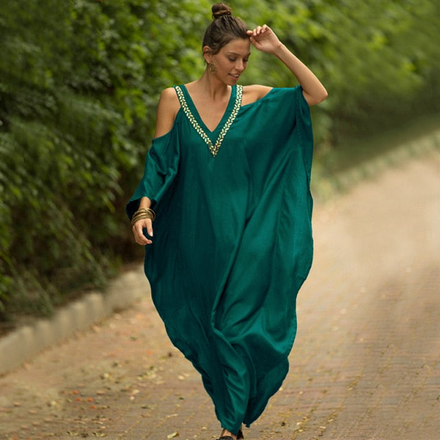 Deep V Neck Batwing Sleeve Loose Summer Beach Dress