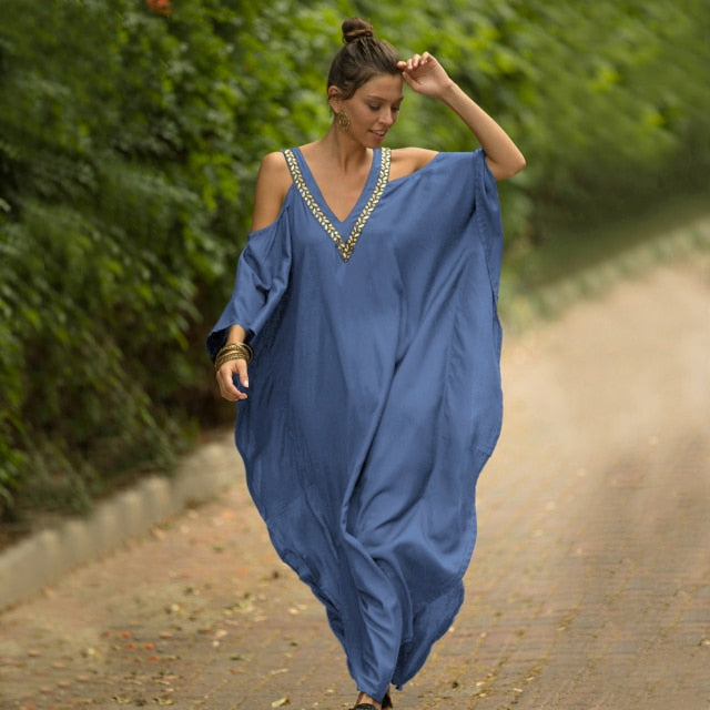 Deep V Neck Batwing Sleeve Loose Summer Beach Dress