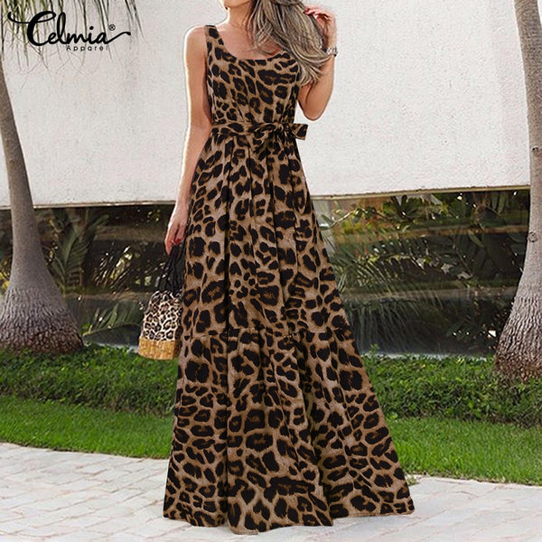 Vintage Summer Sundress Sexy Sleeveless Leopard Print Party Dress