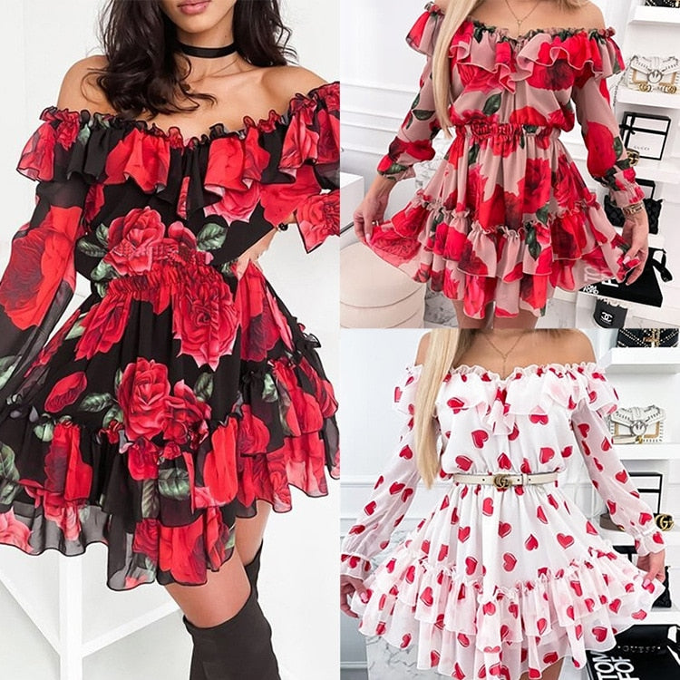 Off Shoulder Sexy Floral Print Midi Dress