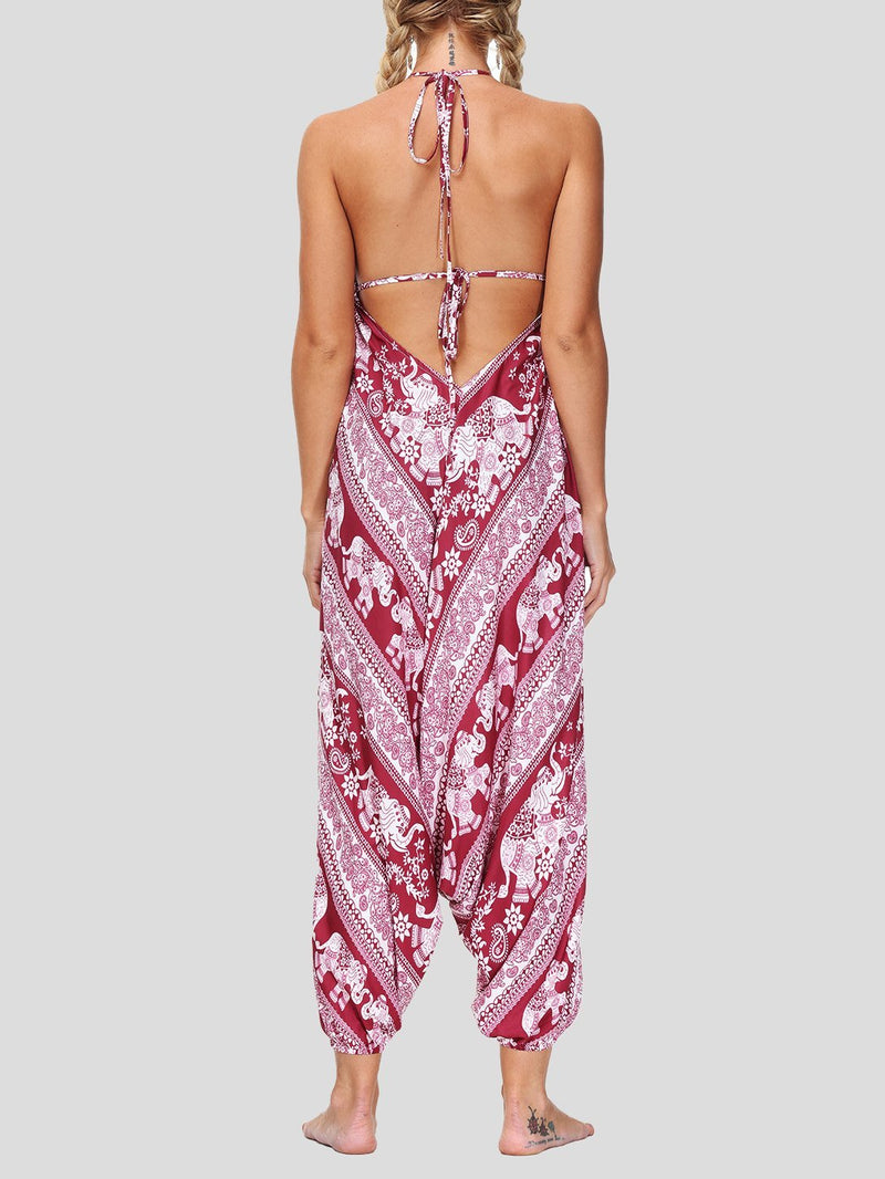 Retro Print V Neck Lace-up Halter Sports Yoga Jumpsuit