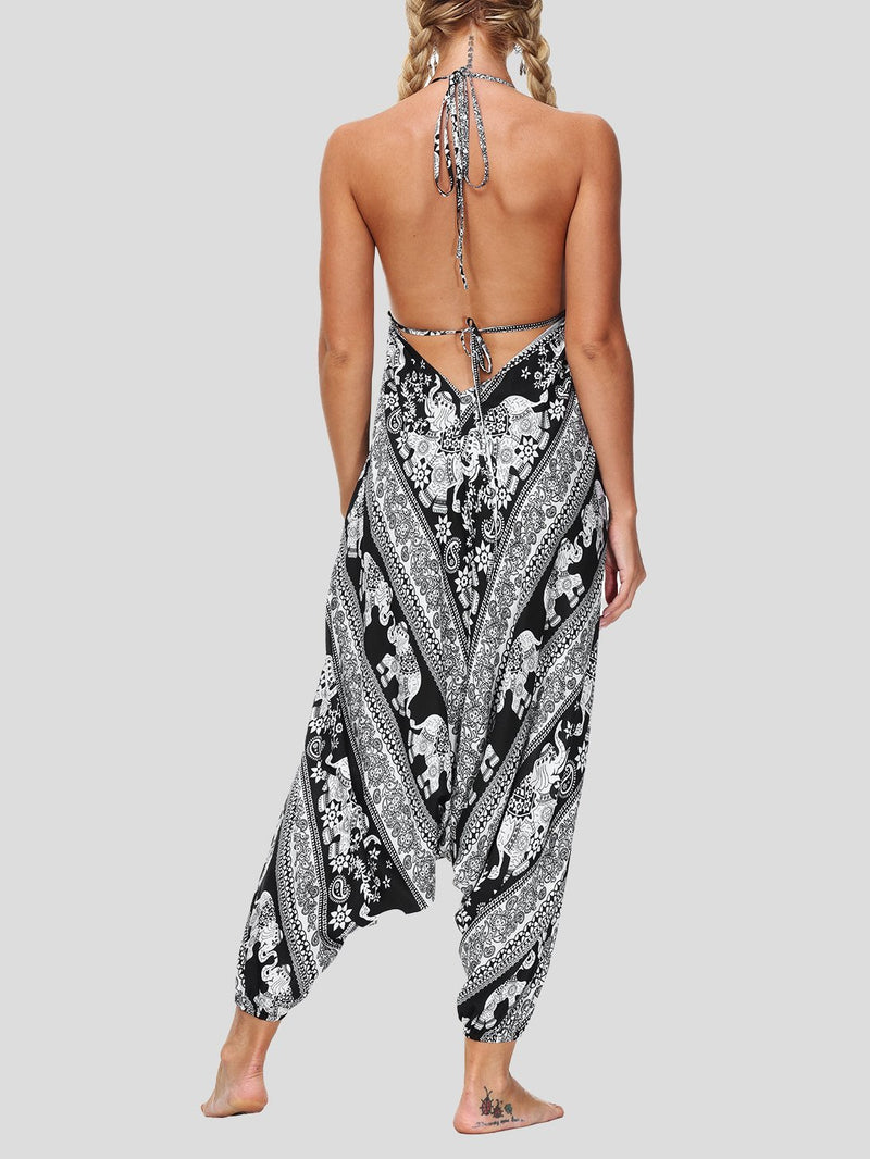 Retro Print V Neck Lace-up Halter Sports Yoga Jumpsuit