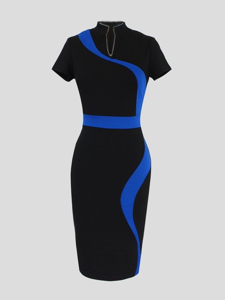 Retro Stand-up Collar Contrast Color Pencil Midi Dress