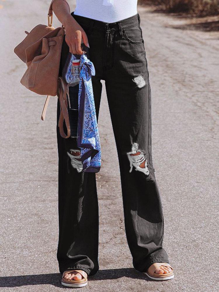 Ripped High-Rise Wide-Leg Casual Jeans