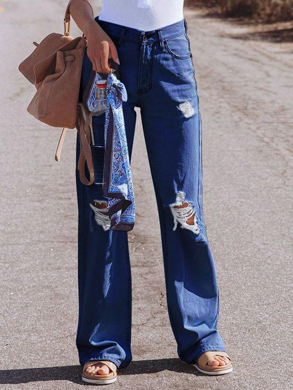 Ripped High-Rise Wide-Leg Casual Jeans