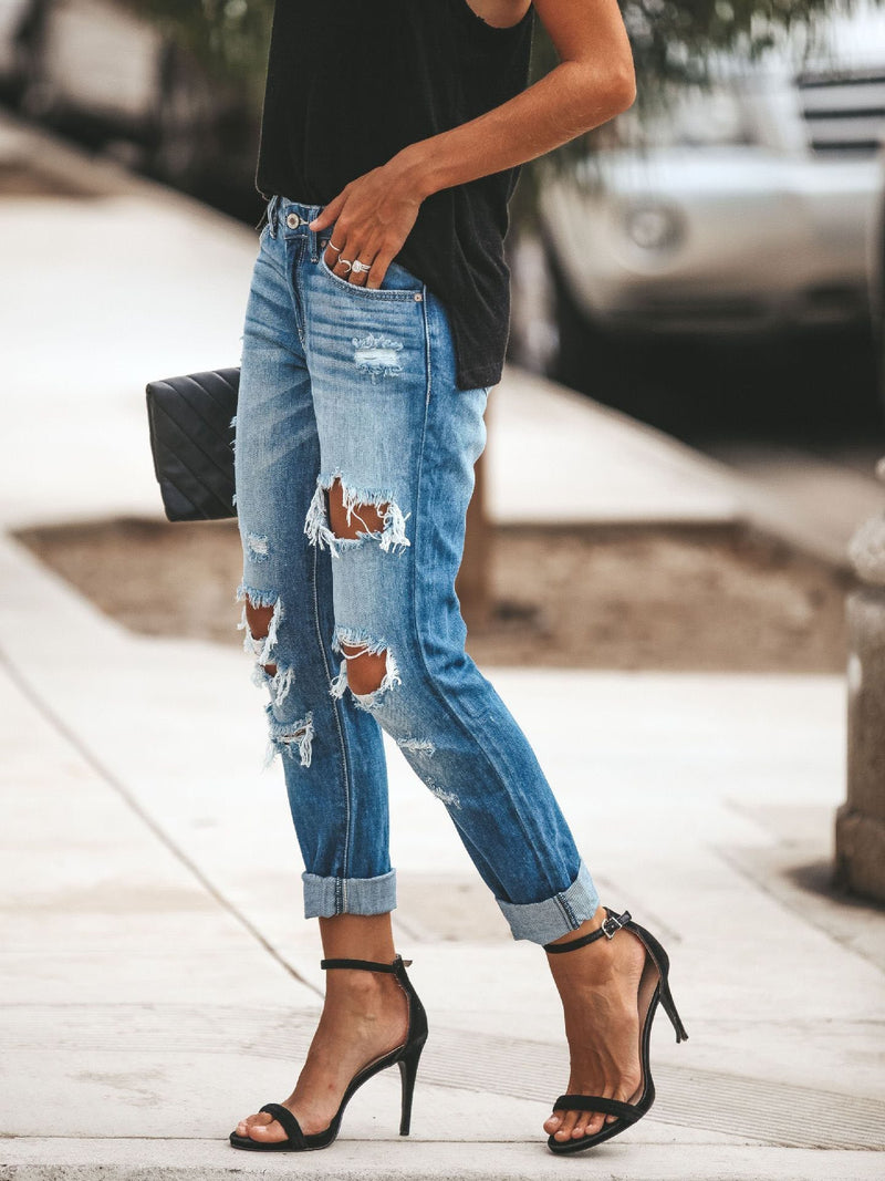 Ripped Straight Pocket Casual Jeans