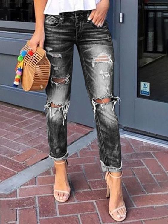 Ripped Washed Straight-leg Jeans