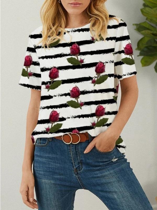 Rose And Stripes Printed Short-sleeved Loose Casual T-shirt