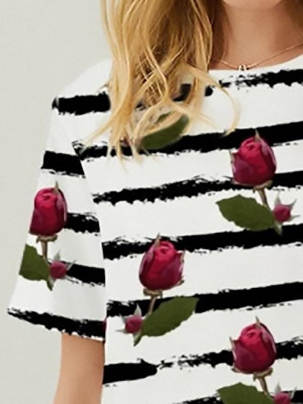 Rose And Stripes Printed Short-sleeved Loose Casual T-shirt