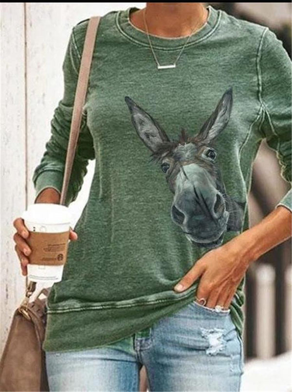 Round Neck Donkey Head Print Casual Long Sleeve T-Shirt